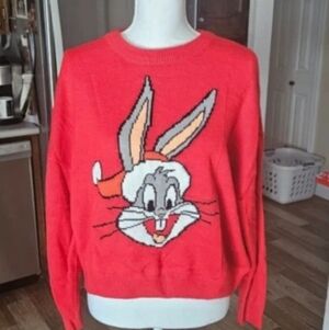 ****Divided Red Bugs Bunny Wearing Santa Hat Christmas Sweater M/L